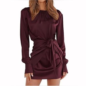 G&Y Women's Satin Tie Waist Mini Dresses - Long Sleeve Solid Party Short Dresses